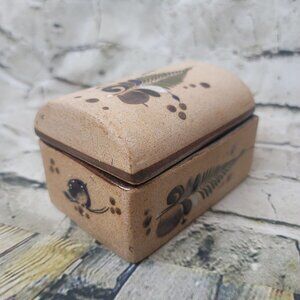 Vtg Tonala Mexican Pottery Folk Art Trinket Jewelry Box with Lid Leaf 5 x 3.5